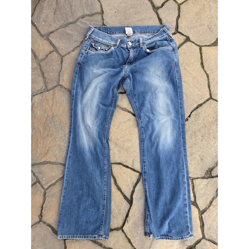 True Religion Mens 34 Blue Denim Jeans Made USA Flap Pockets Bootcut MR2858E78